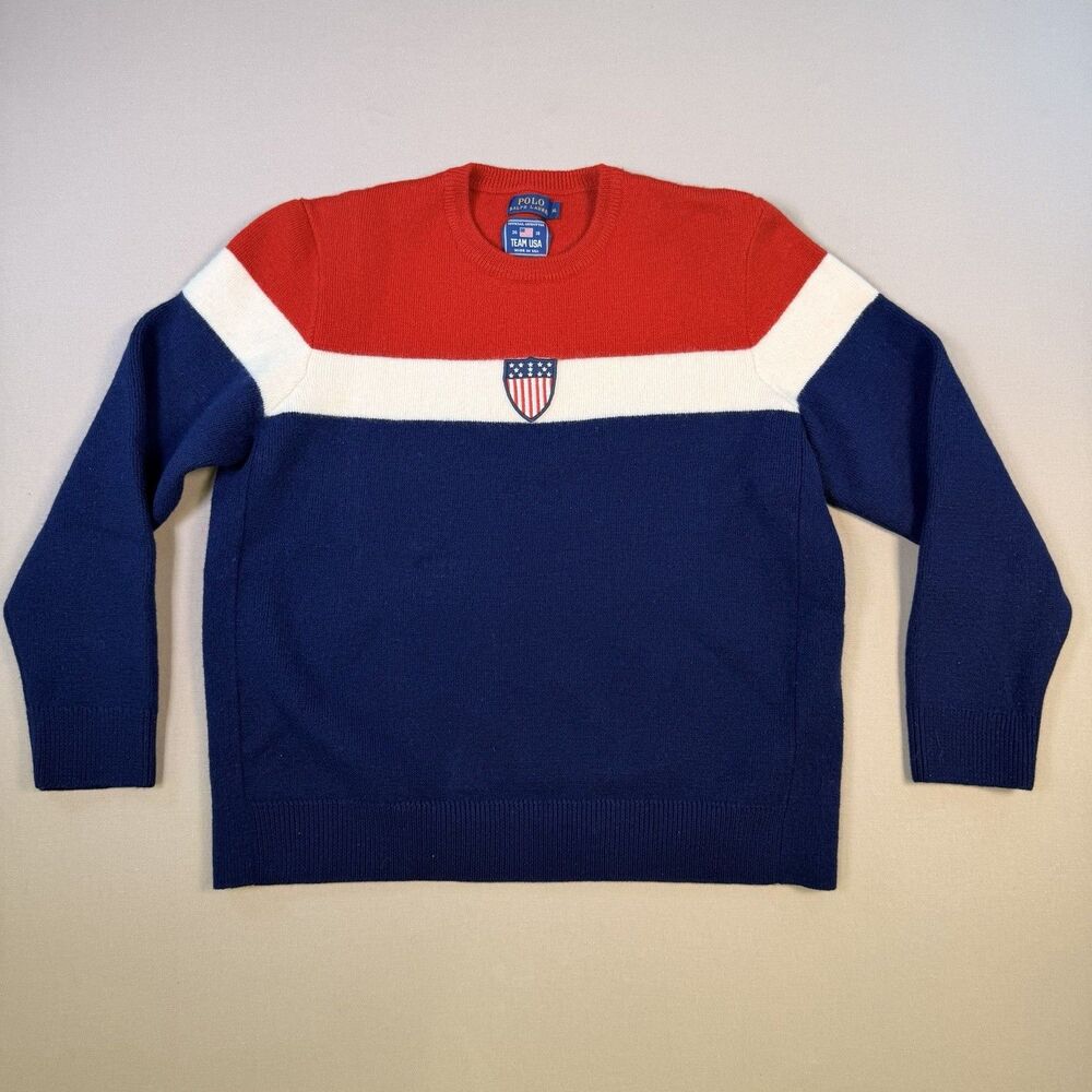 Polo Ralph Lauren 100% Wool Sweater Team USA Flag Shield Made in USA Olympics XL